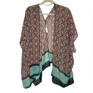 Penelope Project open front print blue and green open front kimono top One Size